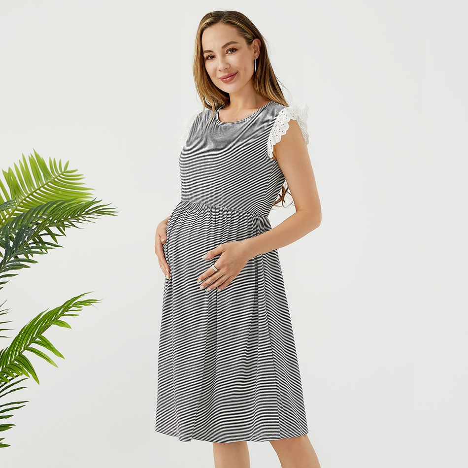 فستان مخطط للأمومة بأكمام رفرفة اللون الرمادي big image 3