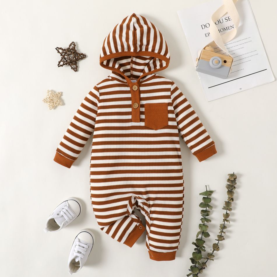 Baby Boy Button Front Striped Rib Knit Long-sleeve Hooded Jumpsuit Brown