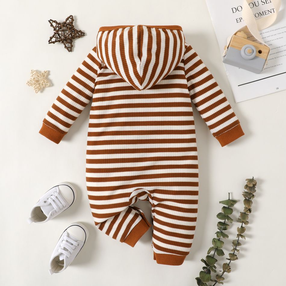 Baby Boy Button Front Striped Rib Knit Long-sleeve Hooded Jumpsuit Brown big image 3