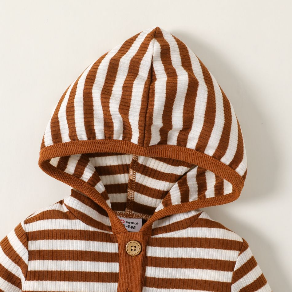 Baby Boy Button Front Striped Rib Knit Long-sleeve Hooded Jumpsuit Brown big image 4