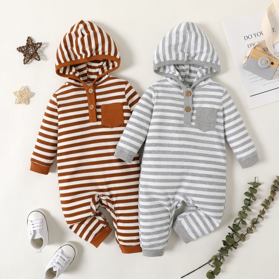 Baby Boy Button Front Striped Rib Knit Long-sleeve Hooded Jumpsuit Brown big image 2