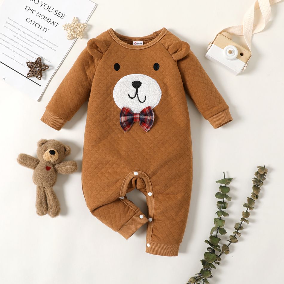 Baby Boy/Girl Bow Front Cartoon Bear 3D Ears Decor Brown Quilted Long-sleeve Jumpsuit Brown