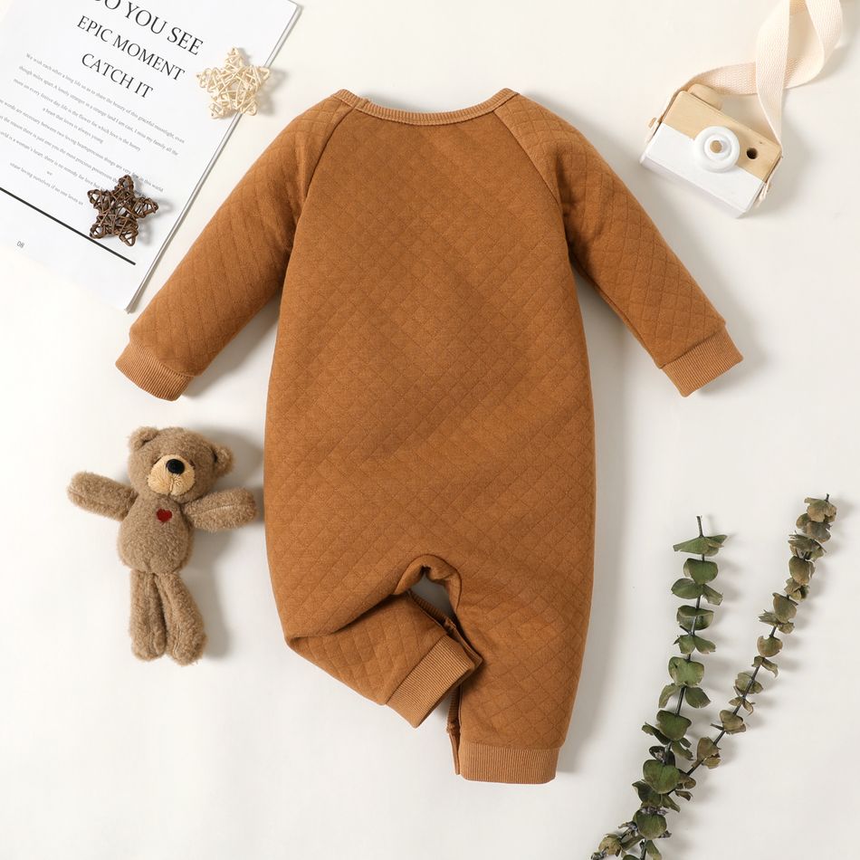 Baby Boy/Girl Bow Front Cartoon Bear 3D Ears Decor Brown Quilted Long-sleeve Jumpsuit Brown big image 2