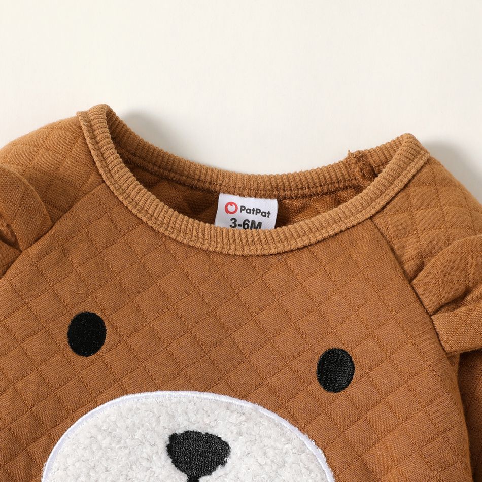 Baby Boy/Girl Bow Front Cartoon Bear 3D Ears Decor Brown Quilted Long-sleeve Jumpsuit Brown big image 3