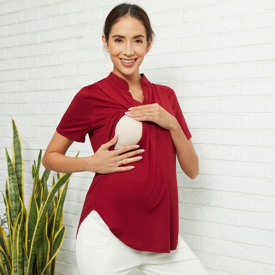 Casual Solid Short-sleeve Nursing Shirt Red
