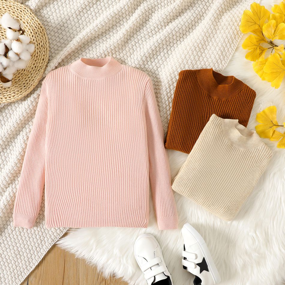 Kid Girl Basic Solid Color Mock Neck Ribbed Long-sleeve Sweater Pink big image 2