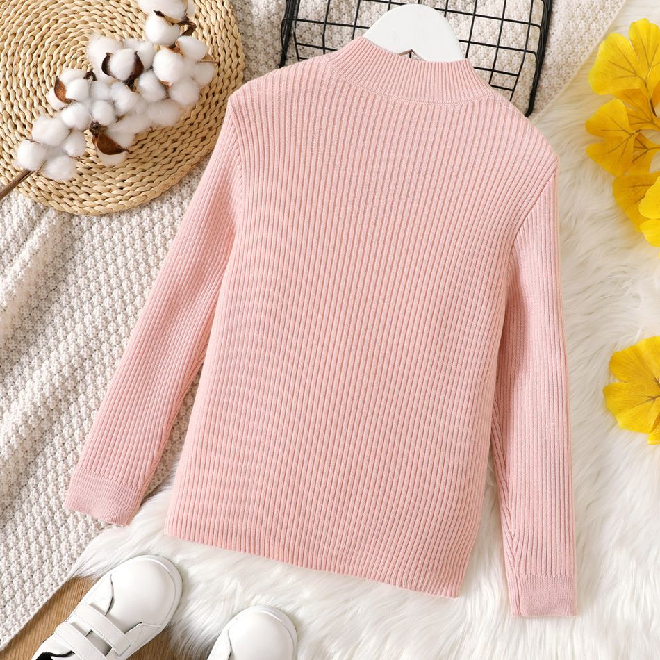 Kid Girl Basic Solid Color Mock Neck Ribbed Long-sleeve Sweater Pink big image 3