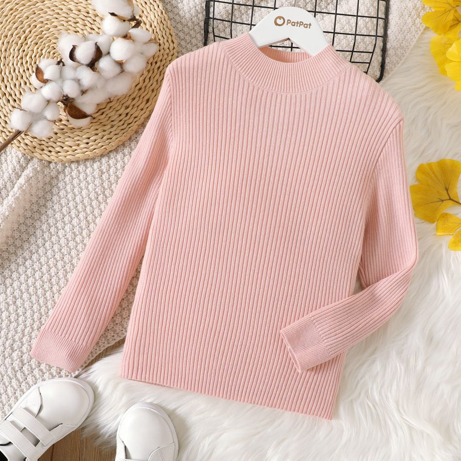 Kid Girl Basic Solid Color Mock Neck Ribbed Long-sleeve Sweater Pink big image 1
