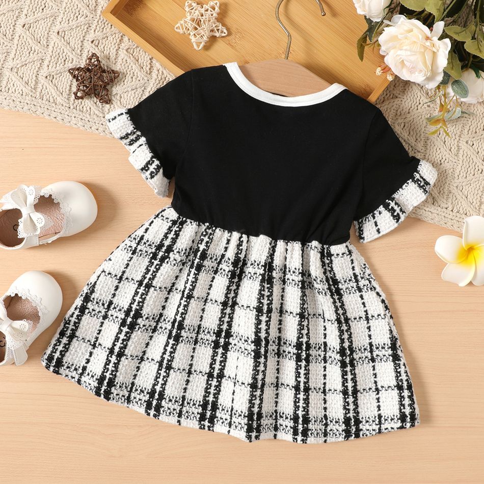 Baby Girl Ruffle-sleeve Spliced Tweed Dress BlackandWhite big image 2