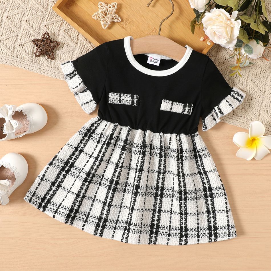 Baby Girl Ruffle-sleeve Spliced Tweed Dress BlackandWhite