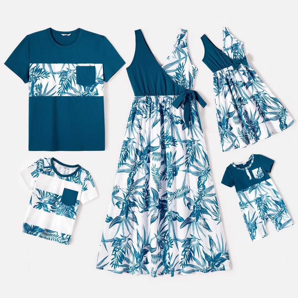 Family Matching Solid Spliced Plant Print Surplice Neck Tank Dresses and Short-sleeve T-shirts Sets Peacockblue