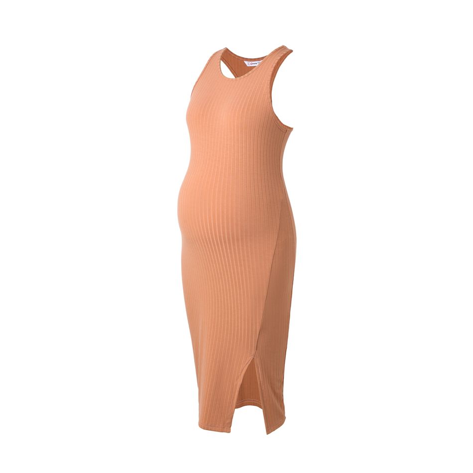 Maternity Side Slit Hem Ribbed Tank Dress Khaki