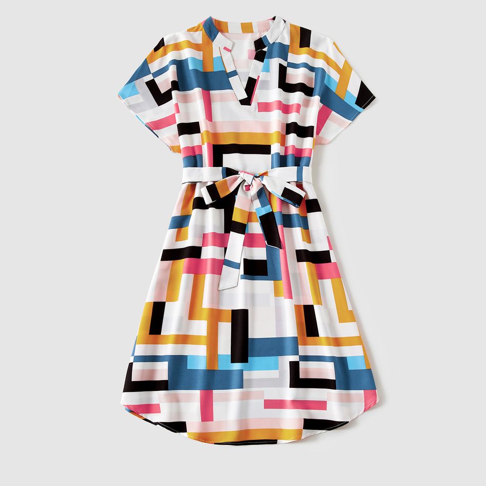 Family Matching Allover Geo Print Notch Neck Short-sleeve Belted Dresses and Tops Sets Colorful big image 2
