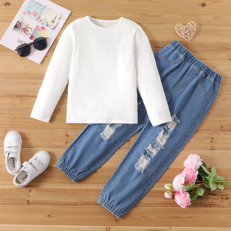 2pcs Kid Girl 100% Cotton Long-sleeve White Tee and Ripped Denim Jeans Set Blue