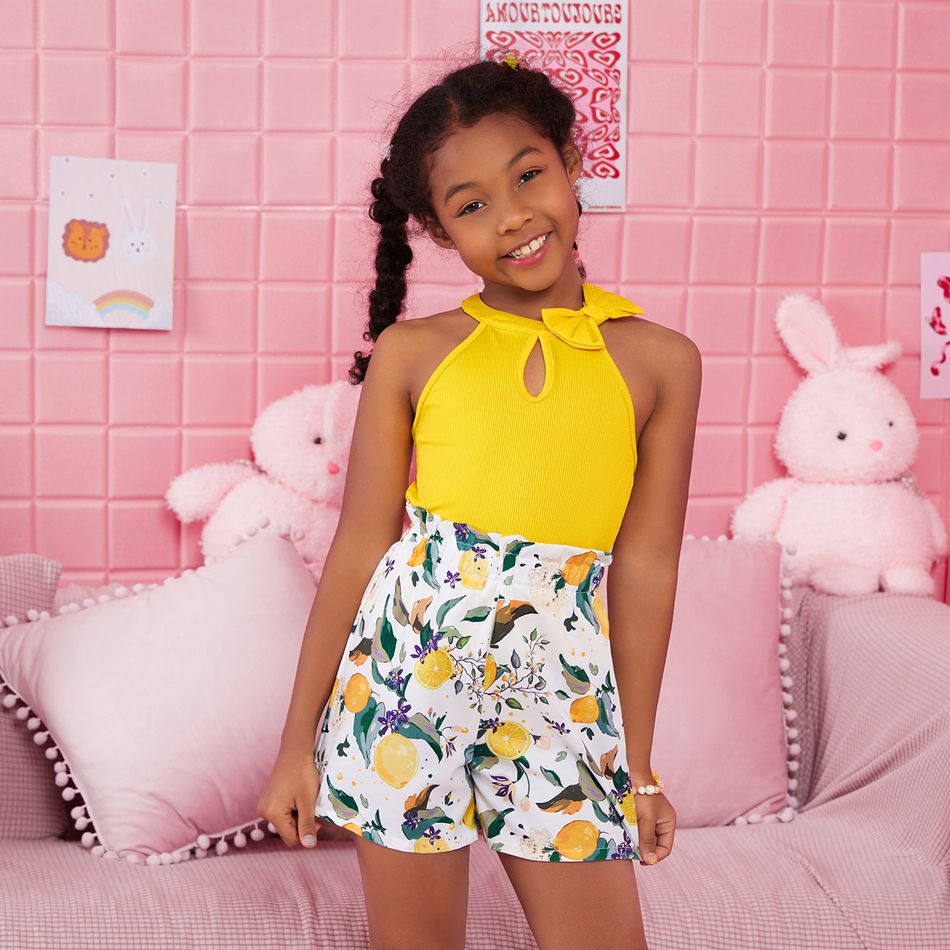 2pcs Kid Girl Bowknot Design Halter Camisole and Lemon Print Shorts Set BrightYellow