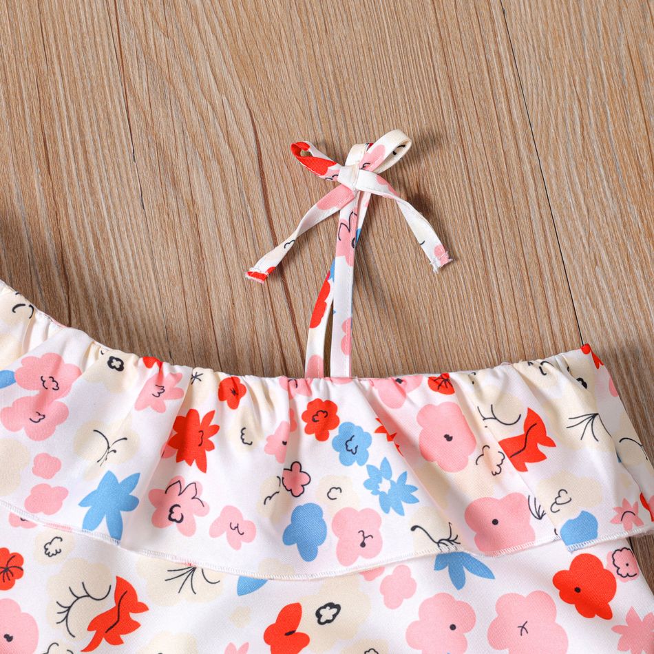 2pcs Toddler Girl Floral Print Flounce One Shoulder Bowknot Design Sleeveless Blouse and Belted Pink Shorts Set Pink big image 3