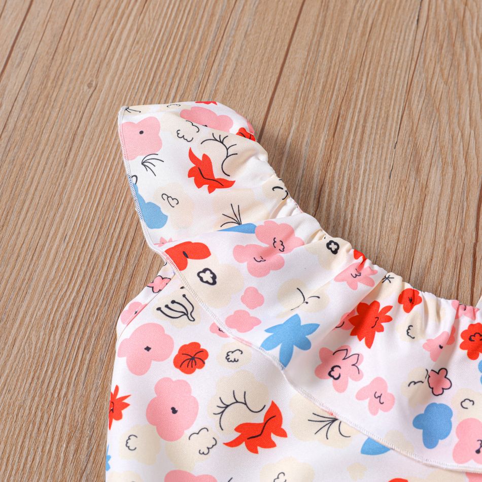 2pcs Toddler Girl Floral Print Flounce One Shoulder Bowknot Design Sleeveless Blouse and Belted Pink Shorts Set Pink big image 4