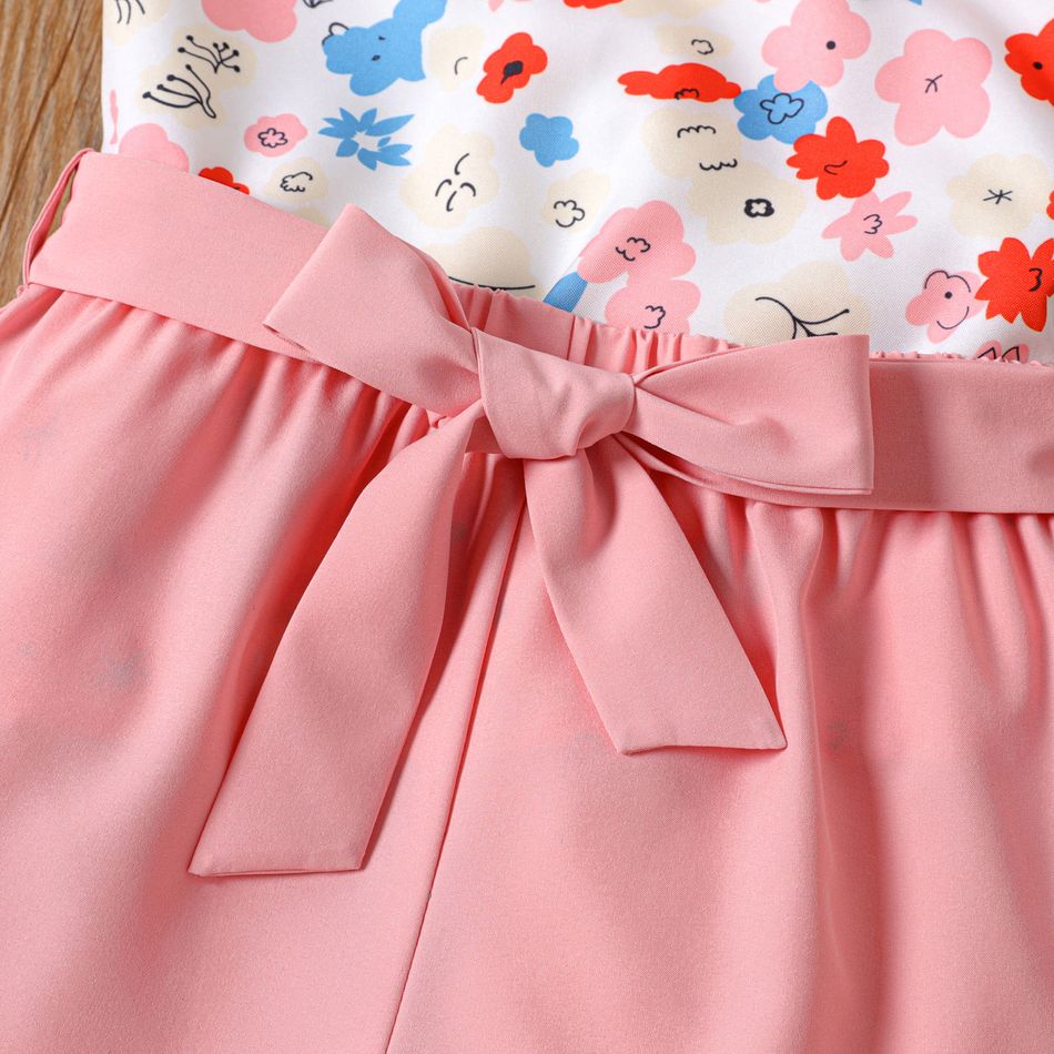 2pcs Toddler Girl Floral Print Flounce One Shoulder Bowknot Design Sleeveless Blouse and Belted Pink Shorts Set Pink big image 5