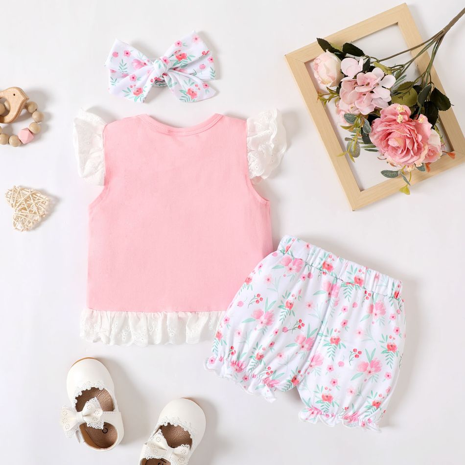 Summer Picnic Toddler Girl 3pcs Letter and Floral Embroidery Ruffle Decor Flutter-sleeve Pink Top and White Shorts with Headband Set Pink big image 2