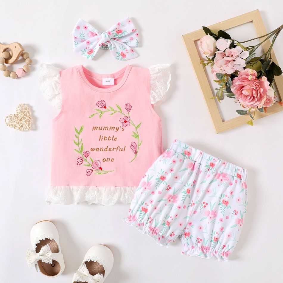 Summer Picnic Toddler Girl 3pcs Letter and Floral Embroidery Ruffle Decor Flutter-sleeve Pink Top and White Shorts with Headband Set Pink