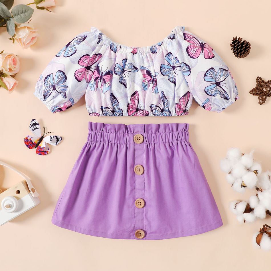 2pcs Baby Girl 100% Cotton Skirt and Allover Butterfly Print Half-sleeve Crop Top Set Purple big image 1