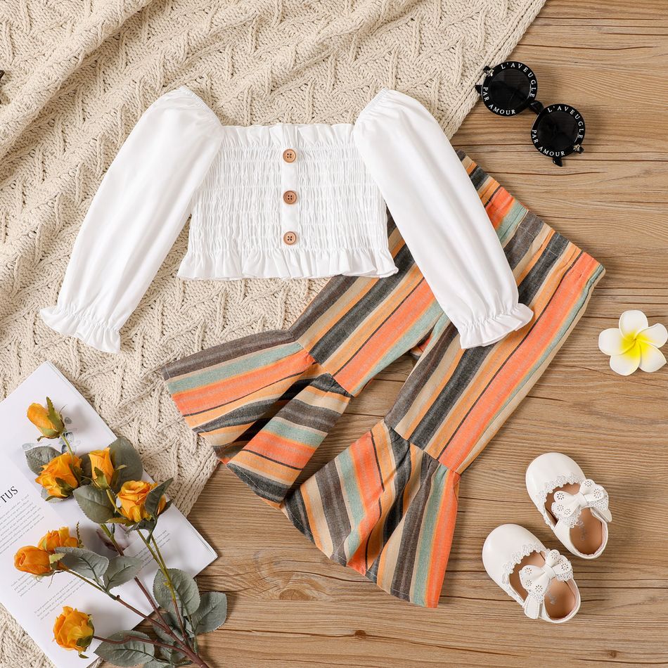 2pcs Baby Girl Button Front Off Shoulder Long-sleeve Shirred Top and Striped Flared Pants Set Color block