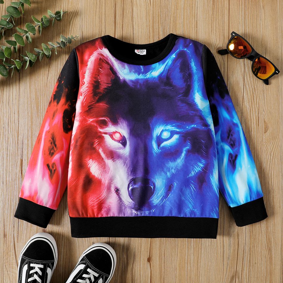 Kid Boy Tied Dyed Animal Wolf Print Pullover Sweatshirt ColorBlock
