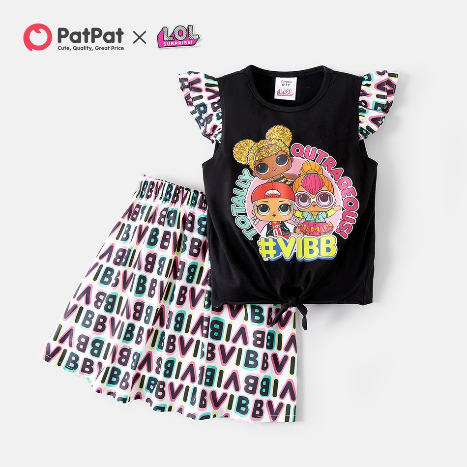 L.O.L. SURPRISE! 2pcs Kid Girl Graphic Print Tie Knot Flutter-sleeve Cotton Tee and Allover Print Skirt Set BlackandWhite
