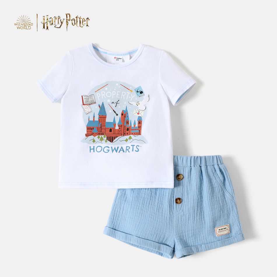 Harry Potter 2pcs Toddler Boy Letter Castle Print Short-sleeve White Tee and Blue Shorts Set White