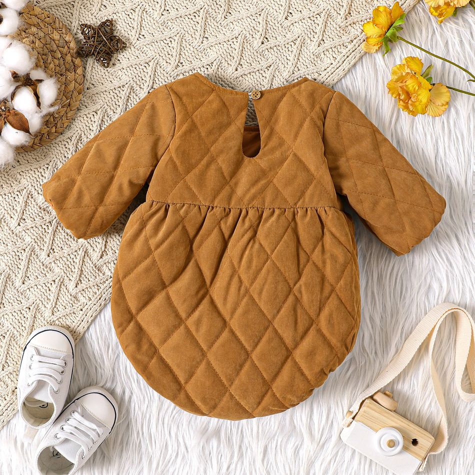 Baby Girl Long-sleeve Square Neck Solid Quilted Romper LightKhaki big image 3