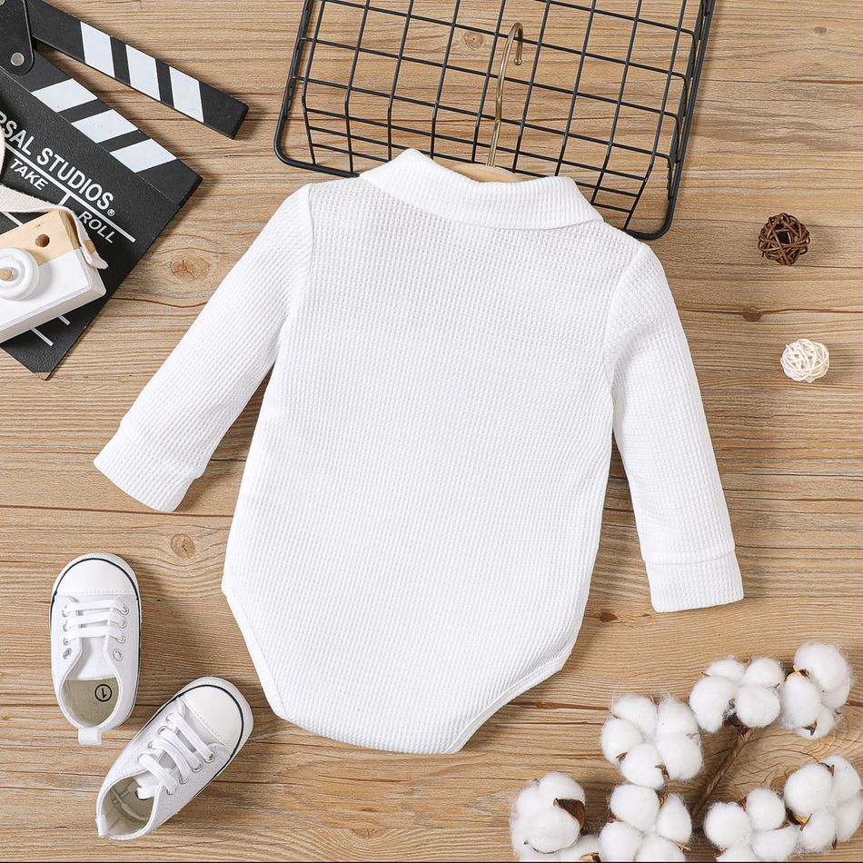 Baby Boy Button Front Solid Waffle Long-sleeve Romper White big image 3