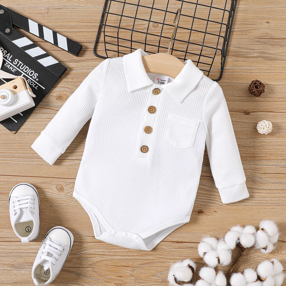 Baby Boy Button Front Solid Waffle Long-sleeve Romper White