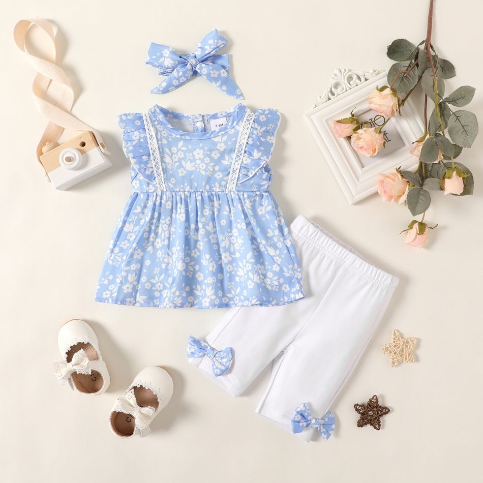 Summer Picnic Baby Girl 3pcs Floral Lace and Ruffle Decor Flutter-sleeve Blue Top and Bow Decor White Leggings Shorts with Headband Set Light Blue