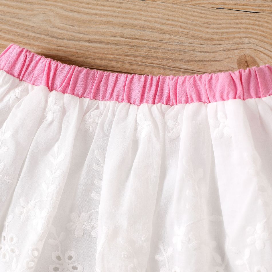 2pcs Baby Girl 100% Cotton Bow Front Tank Crop Top and Eyelet Embroidered Skirt Set PinkyWhite big image 5