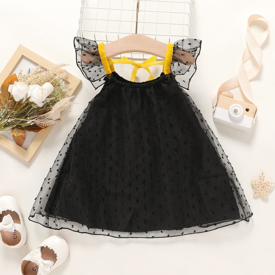 Mini Audrey Hepburn Baby Girl Jacquard Dots Mesh Layered Flutter-sleeve Black Dress Black