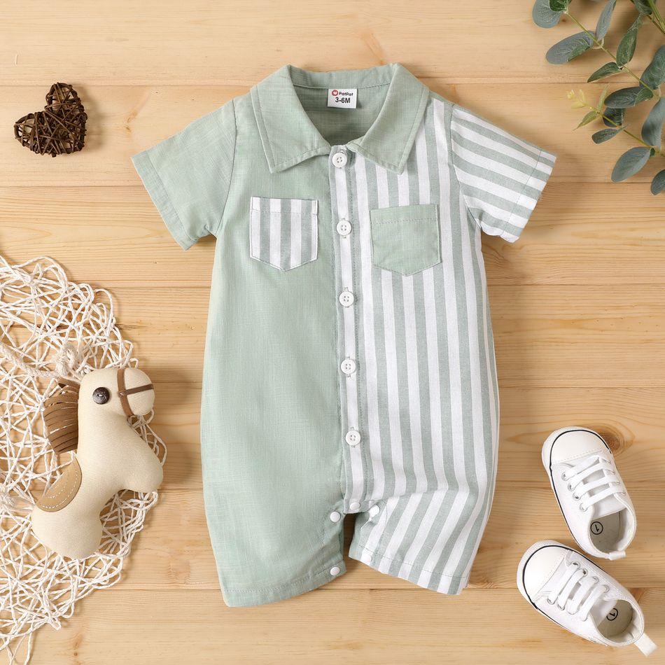 Baby Girl 100% Cotton Solid Spliced Striped Short-sleeve Romper Green