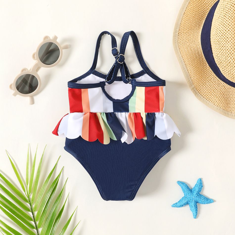 Baby Girl Striped Scallop Trim Detail One-Piece Swimsuit Tibetanblue big image 2