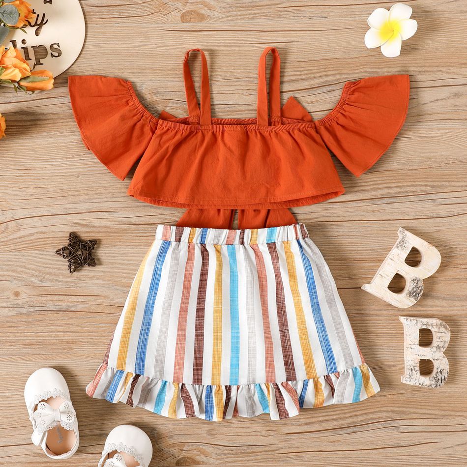 2pcs Baby Girl 100% Cotton Bow Front Cold Shoulder Short-sleeve Crop Top and Striped Ruffle Trim Skirt Set COLOREDSTRIPES big image 2
