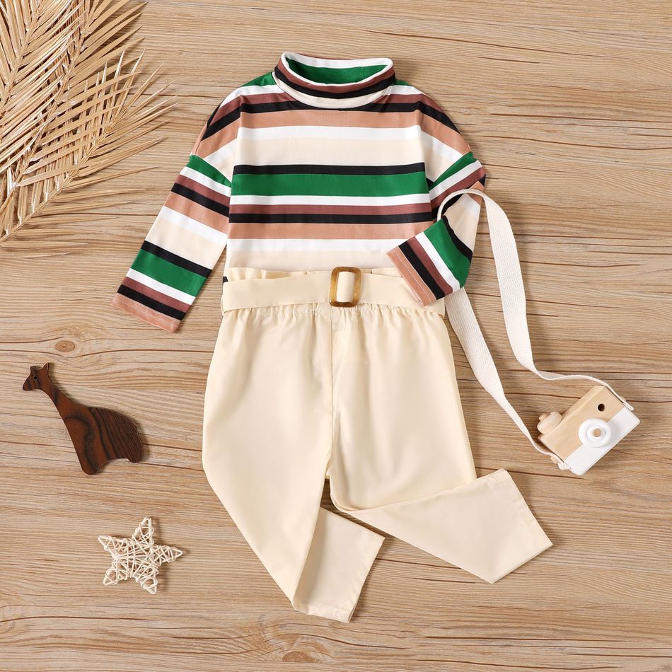 2pcs Baby Girl Striped Mock Neck Long-sleeve Top and Belted Pants Set Color block