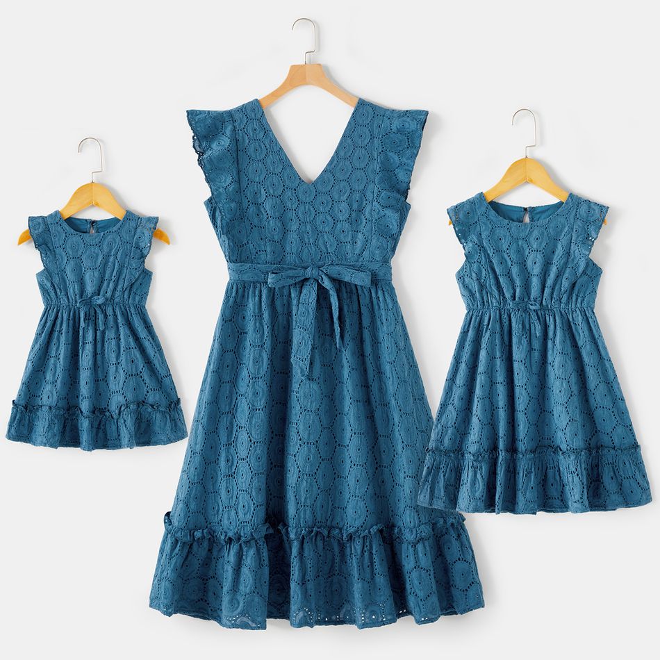 Blue Eyelet Embroidery Ruffle Trim Tank Dress for Mom and Me Lakeblue