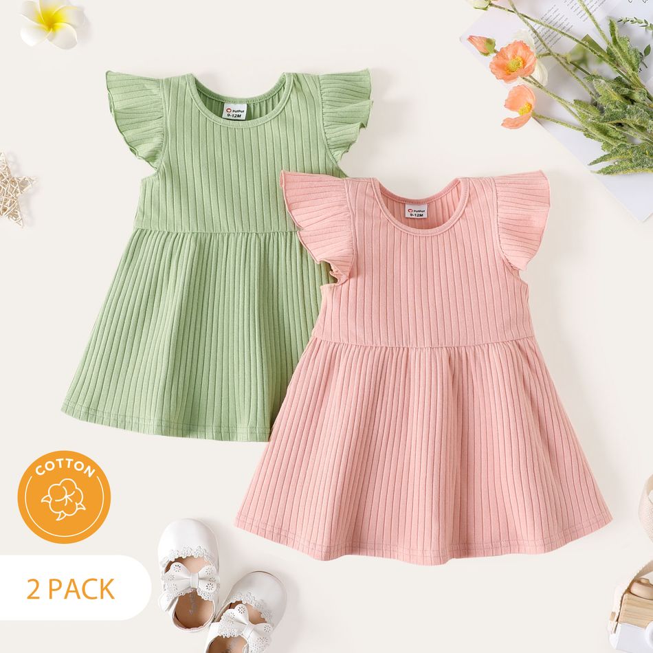 2-Pack Baby Girl Cotton Rib Knit Solid Flutter-sleeve Dresses Set ColorBlock