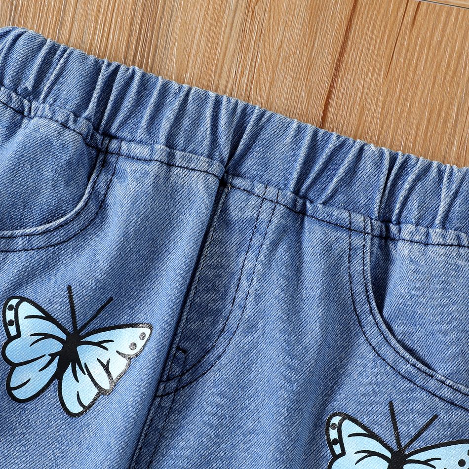 Kid Girl Butterfly Print Straight Ripped Denim Jeans Blue big image 4