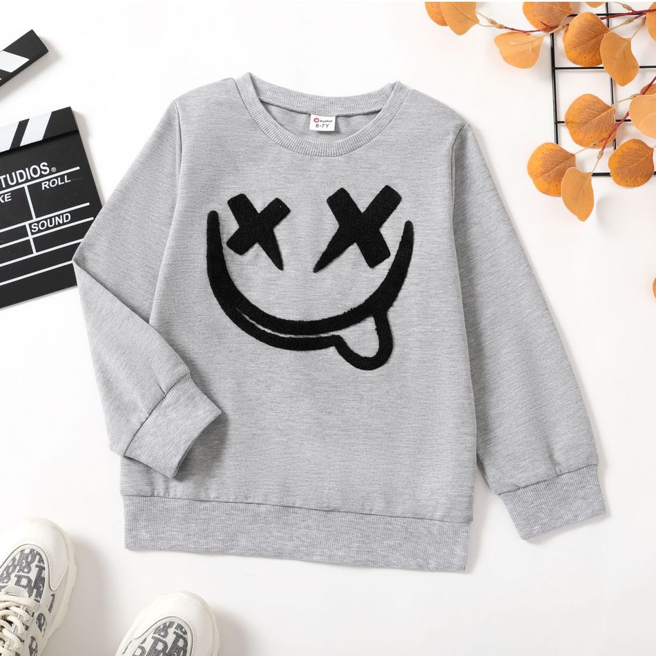 Kid Boy Face Graphic Embroidered Pullover Sweatshirt Grey big image 1
