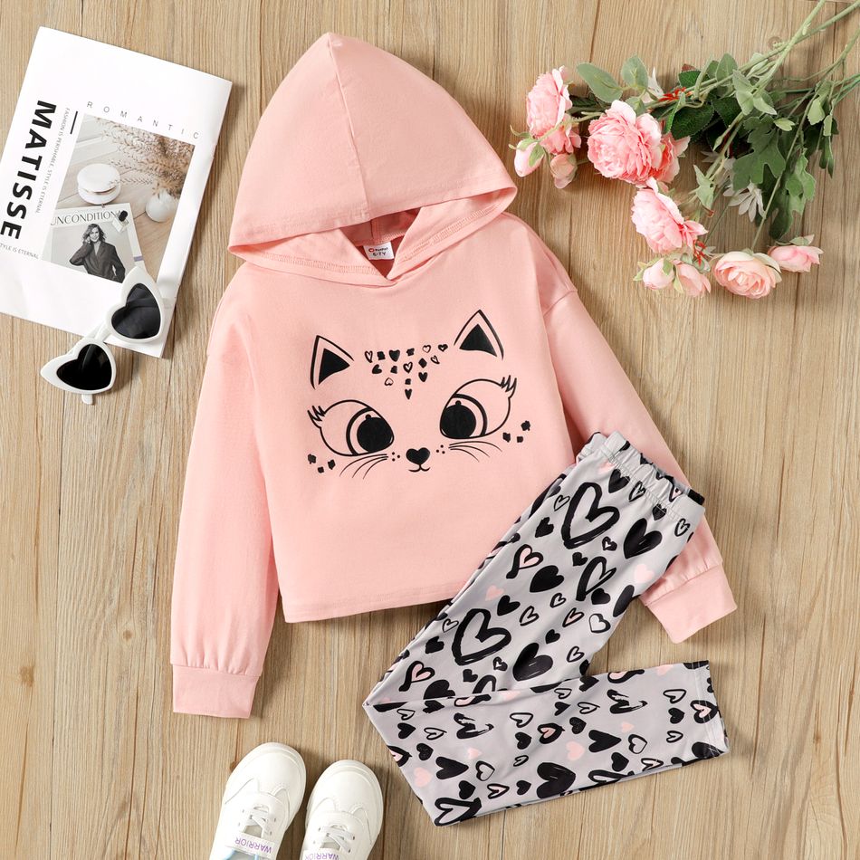 2pcs Kid Girl Animal Cat Print Hooded Pink Sweatshirt and Heart Print Leggings Set Pink