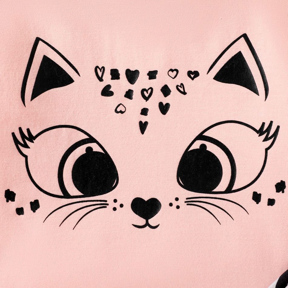 طقم بنطلون ضيق وردي بغطاء للرأس وطباعة على شكل قطة وفتاة للأطفال من قطعتين زهري big image 3
