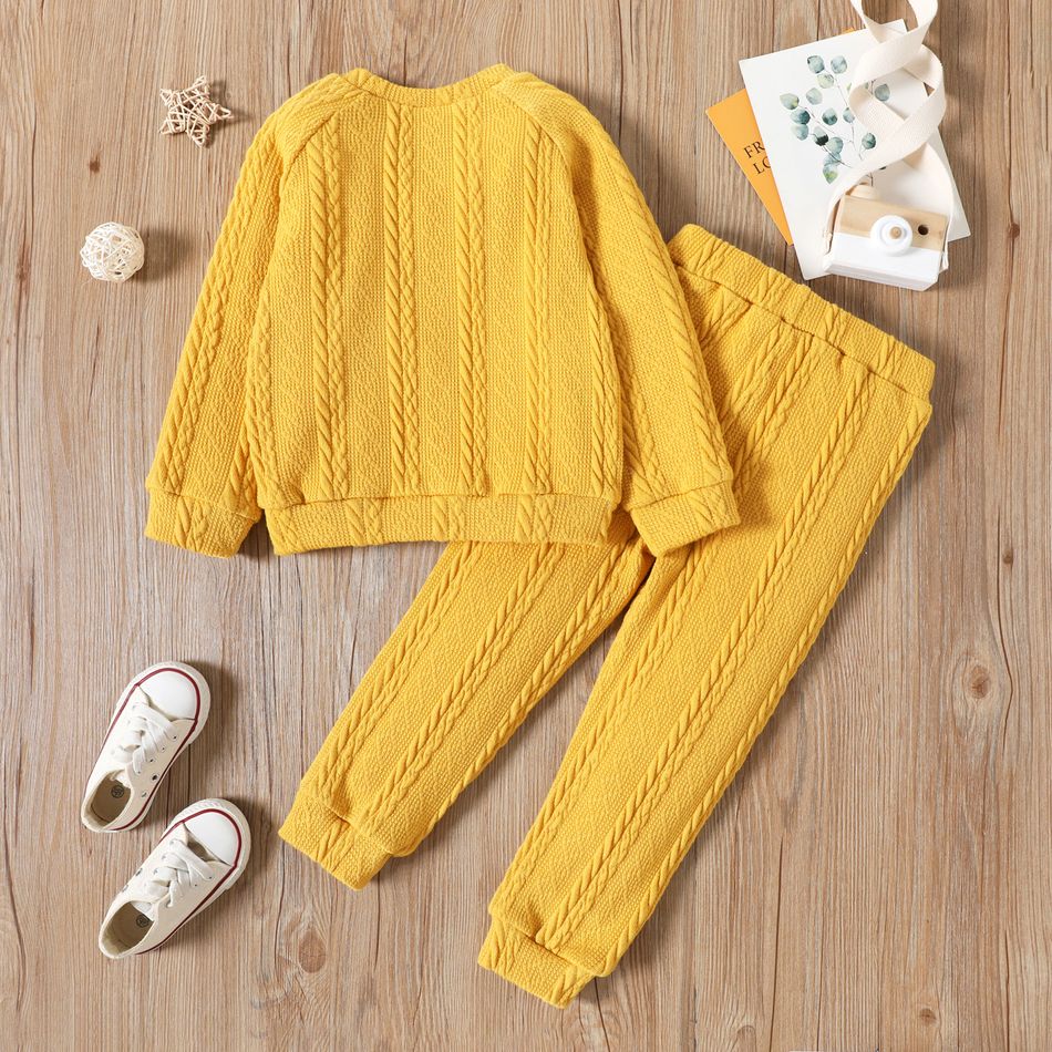 2pcs Toddler Boy Cable Knit Textured Solid Color Sweatshirt and Pants Set Yellow big image 6