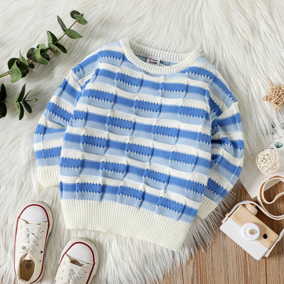 Toddler Boy Casual Stripe Colorblock Knit Sweater BLUEWHITE