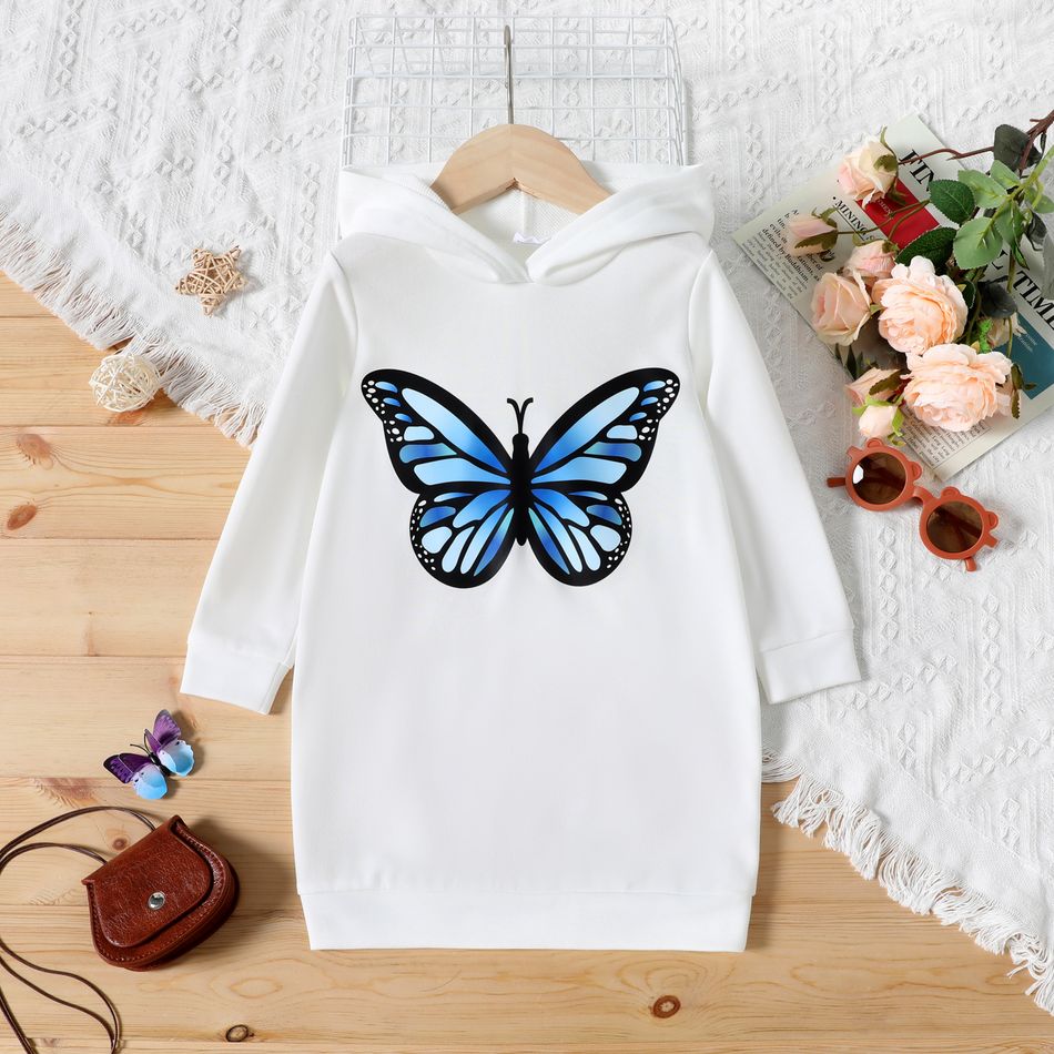 Toddler Girl Butterfly Print Long-sleeve Hooded Sweatshirt Dress White