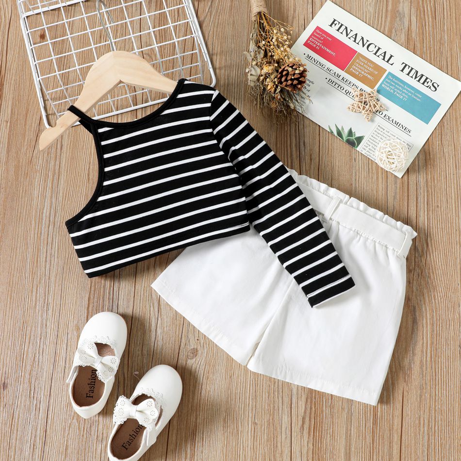 2pcs Toddler Girl Stripe One Shoulder Long-sleeve Tee and Belted White Shorts Set Multi-color big image 2