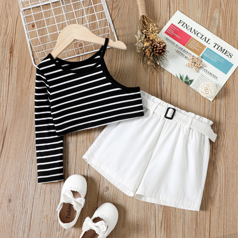 2pcs Toddler Girl Stripe One Shoulder Long-sleeve Tee and Belted White Shorts Set Multi-color big image 1